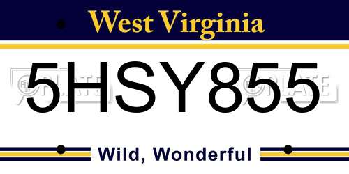 5HSY855 West Virginia License Plate