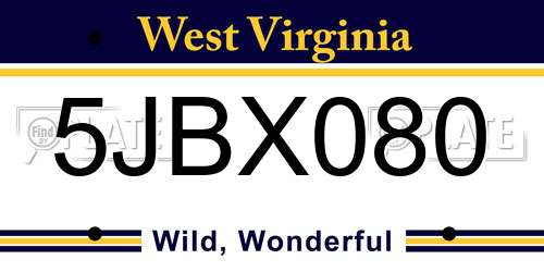 5JBX080 West Virginia License Plate