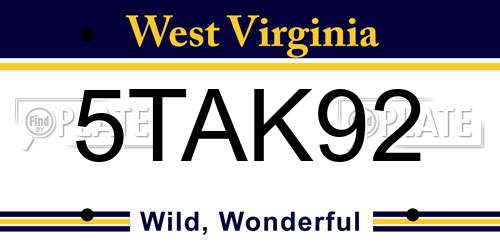 5TAK92 West Virginia License Plate