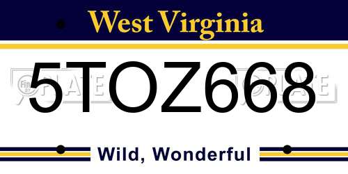 5TOZ668 West Virginia License Plate