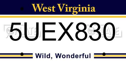 5UEX830 West Virginia License Plate