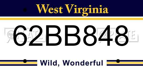 62BB848 West Virginia License Plate