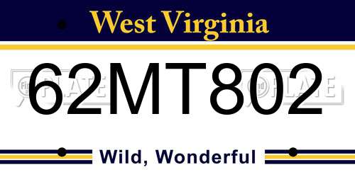 62MT802 West Virginia License Plate