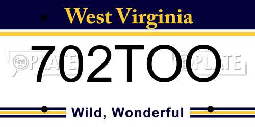 702TOO West Virginia License Plate