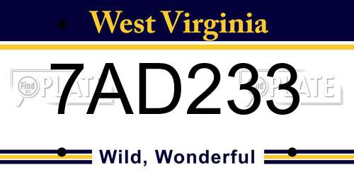 7AD233 West Virginia License Plate