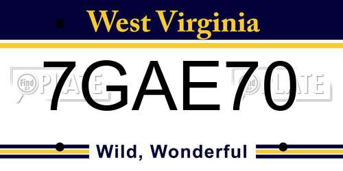 7GAE70 West Virginia License Plate