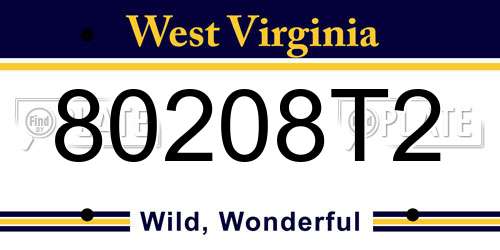 80208T2 West Virginia License Plate