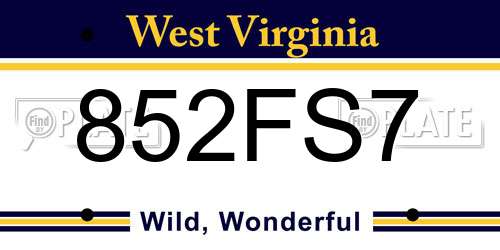 852FS7 West Virginia License Plate