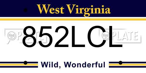 852LCL West Virginia License Plate