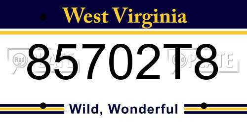 85702T8 West Virginia License Plate