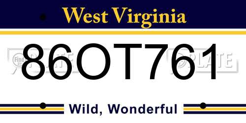 86OT761 West Virginia License Plate