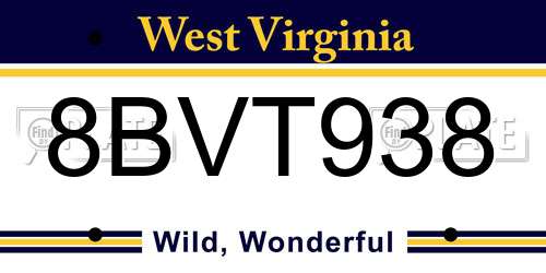 8BVT938 West Virginia License Plate