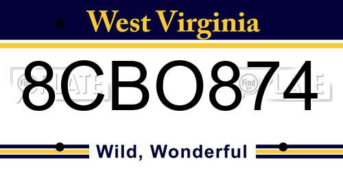 8CBO874 West Virginia License Plate