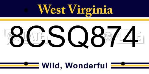 8CSQ874 West Virginia License Plate