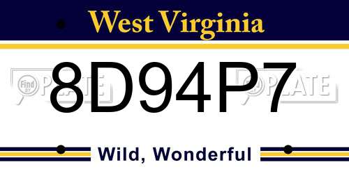 8D94P7 West Virginia License Plate