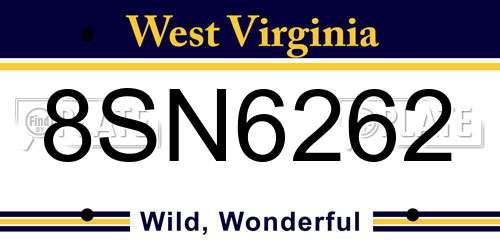 8SN6262 West Virginia License Plate