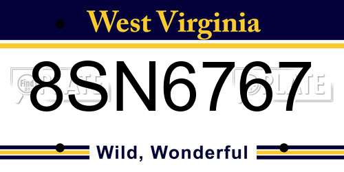 8SN6767 West Virginia License Plate