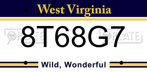 8T68G7 West Virginia License Plate