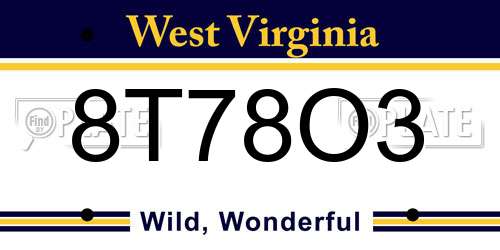 8T78O3 West Virginia License Plate
