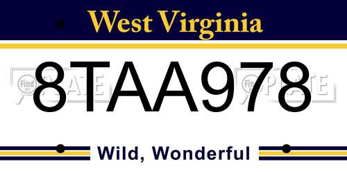 8TAA978 West Virginia License Plate