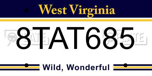 8TAT685 West Virginia License Plate