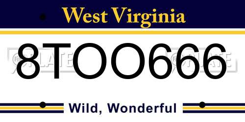 8TOO666 West Virginia License Plate