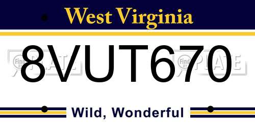 8VUT670 West Virginia License Plate