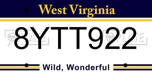 8YTT922 West Virginia License Plate