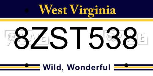 8ZST538 West Virginia License Plate