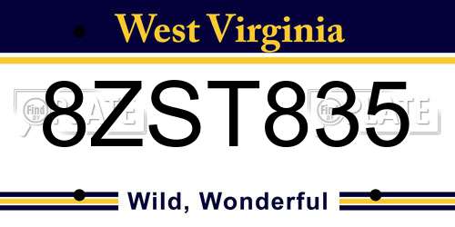 8ZST835 West Virginia License Plate