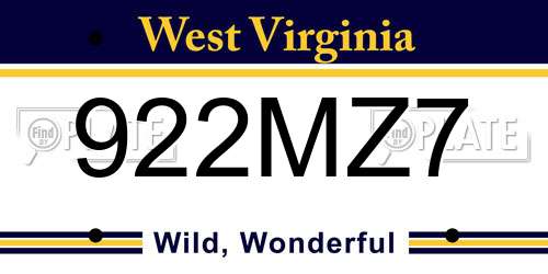 922MZ7 West Virginia License Plate