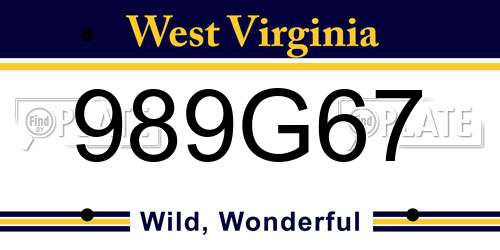 989G67 West Virginia License Plate