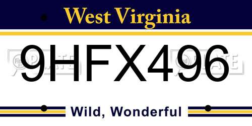 9HFX496 West Virginia License Plate