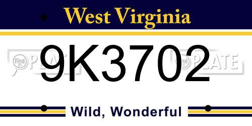 9K3702 West Virginia License Plate
