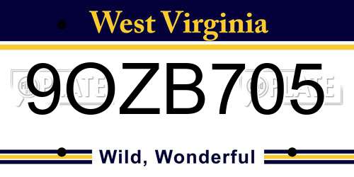 9OZB705 West Virginia License Plate