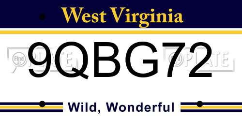 9QBG72 West Virginia License Plate