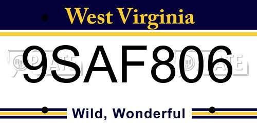 9SAF806 West Virginia License Plate