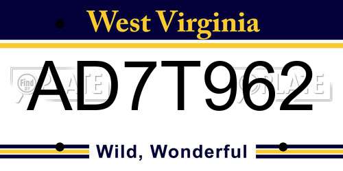 AD7T962 West Virginia License Plate