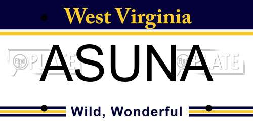 ASUNA West Virginia License Plate