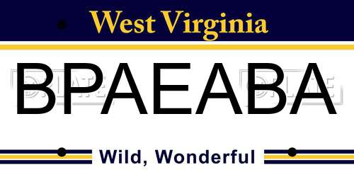 BPAEABA West Virginia License Plate