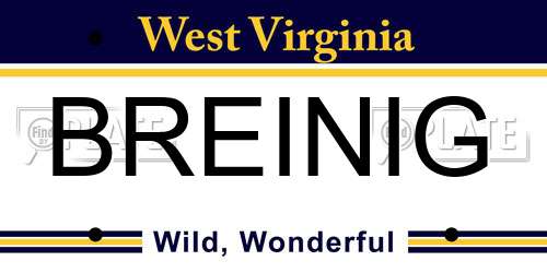 BREINIG West Virginia License Plate