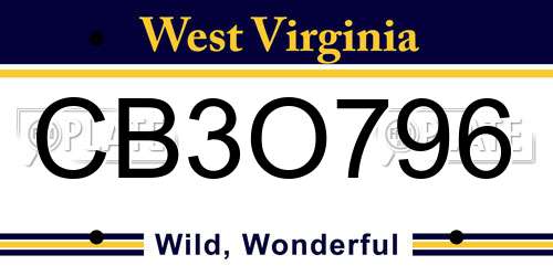 CB3O796 West Virginia License Plate