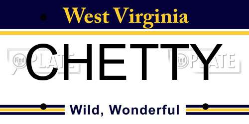 CHETTY West Virginia License Plate