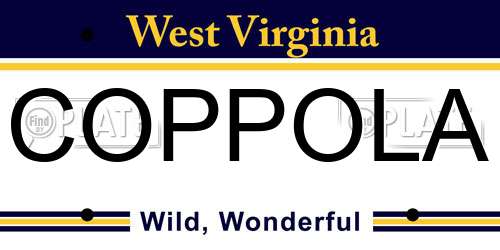 COPPOLA West Virginia License Plate