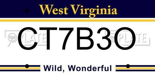 CT7B3O West Virginia License Plate
