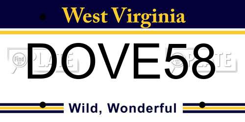 DOVE58 West Virginia License Plate