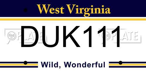 DUK111 West Virginia License Plate