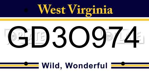 GD3O974 West Virginia License Plate