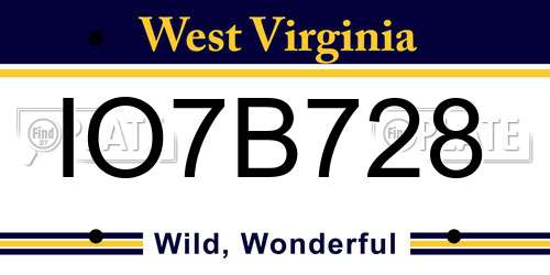 IO7B728 West Virginia License Plate