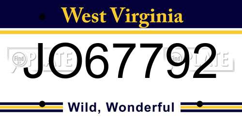 JO67792 West Virginia License Plate